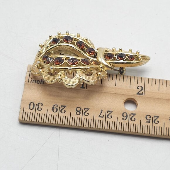 Vintage Gold Tone Brooch With Brown Topaz Rhinestones Leaf Design - Picture 4 of 4